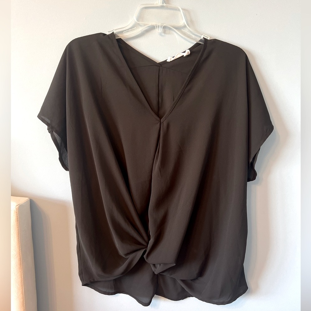 Black Short Sleeve Tie Front Blouse